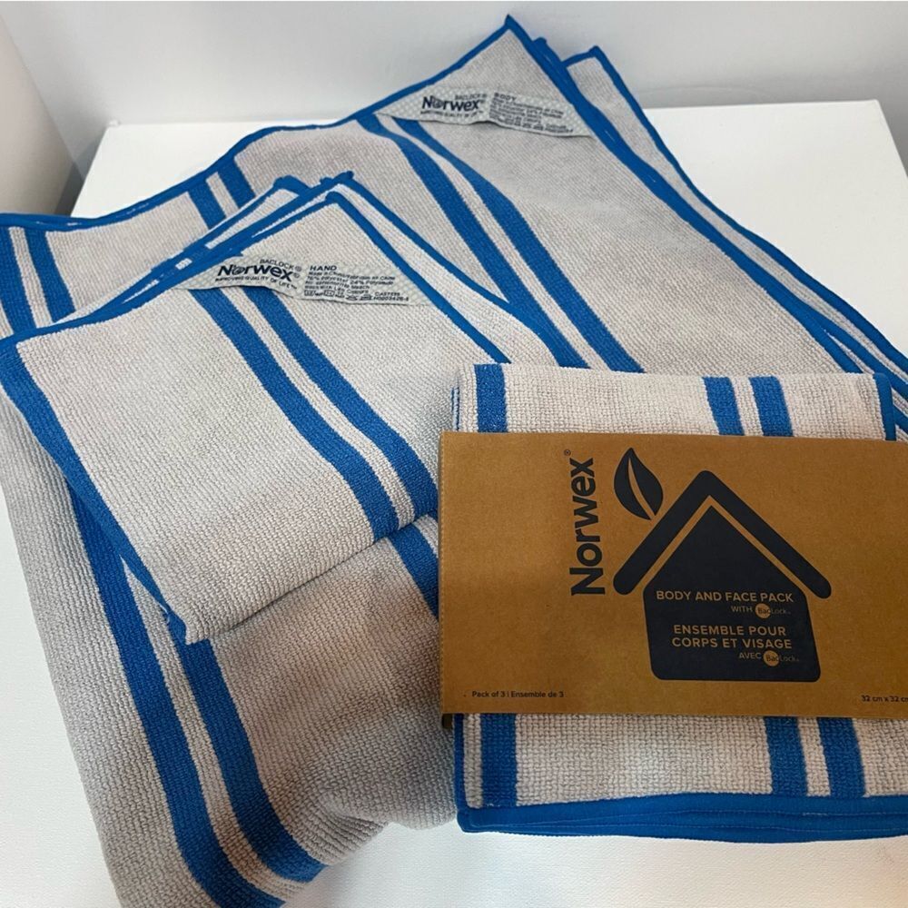 Norwex Bath Towel, Hand Towel and Set of 3 Body & Face Cloths Marine Stripe NWOT